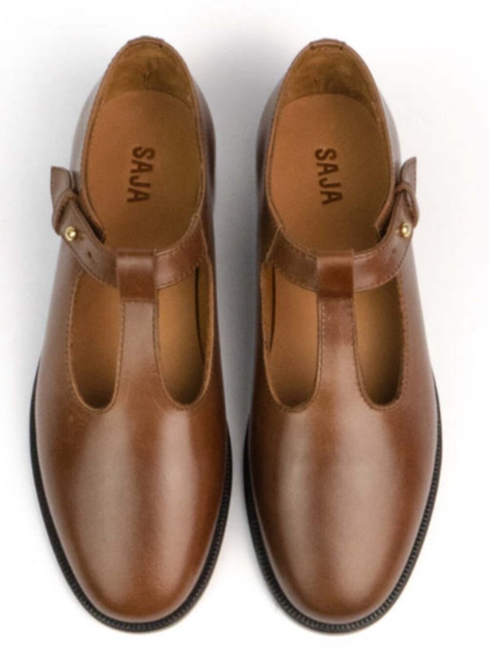 Sold out! Saja Chestnut Brown Leather T-Strap Flats - EU 39